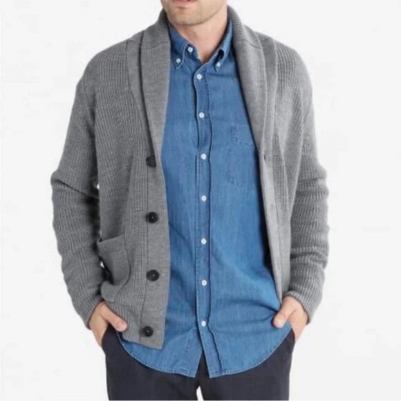 Everlane Men’s Chunky Knit Gray 100% Wool Shawl Collar Cardigan Small Grandpa - Picture 1 of 10